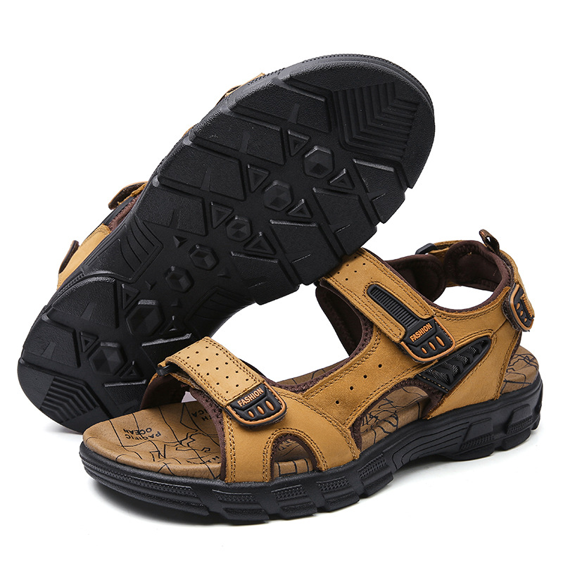 Summer Sandals Men's Thick Bottom Open Toe Top Layer Cowhide Men's Beach Shoes Soft Bottom Fashionable Large Size Outdoor Casual Shoes