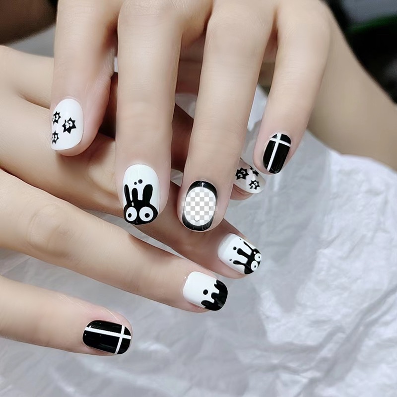 B422 Qianhe Qianxun short wear nail cartoon funny cute anime manicure finished daily fake nail patch