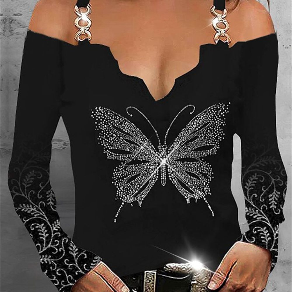 Cross-border 2023 AliExpress V-neck 3D Color Printing Slim-fit Sexy Lace Pullover Shoulder Long Sleeve Strap T-shirt