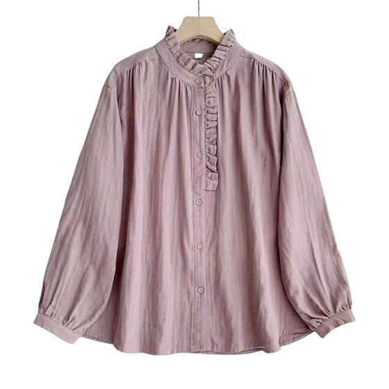 Chinese Style Artistic Retro Solid Color Shirt Women's 2024 Spring and Autumn New Cotton and Linen Ruffled Long Sleeve Cardigan Top