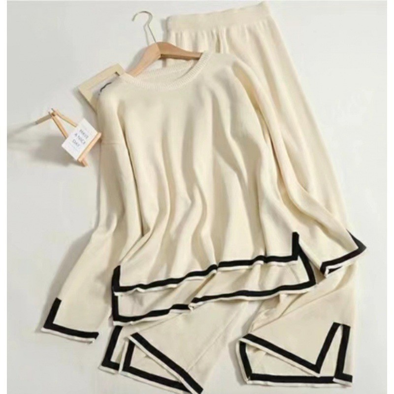 2024 autumn new temperament contrast color split long sleeve sweater high waist slim wide leg pants pants two-piece suit