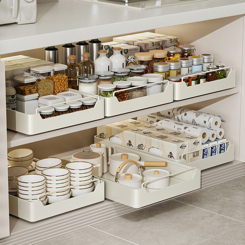 Cabinet Drawer Basket Inner Seasoning Storage Box with Slide Rail Installation-Free Lower Sink Storage Rack Storage Rack