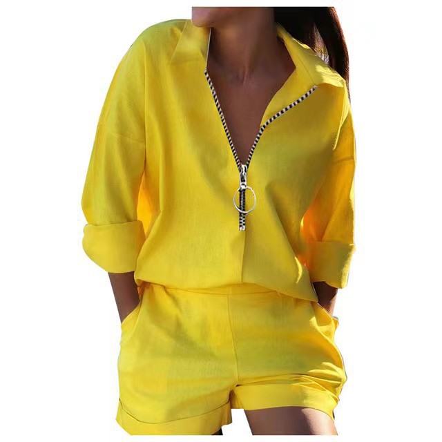 Cross-border Amazon 2023 Women's New Autumn Fashion Set Long Sleeve Printed Zipper Top Shorts Two-piece Set