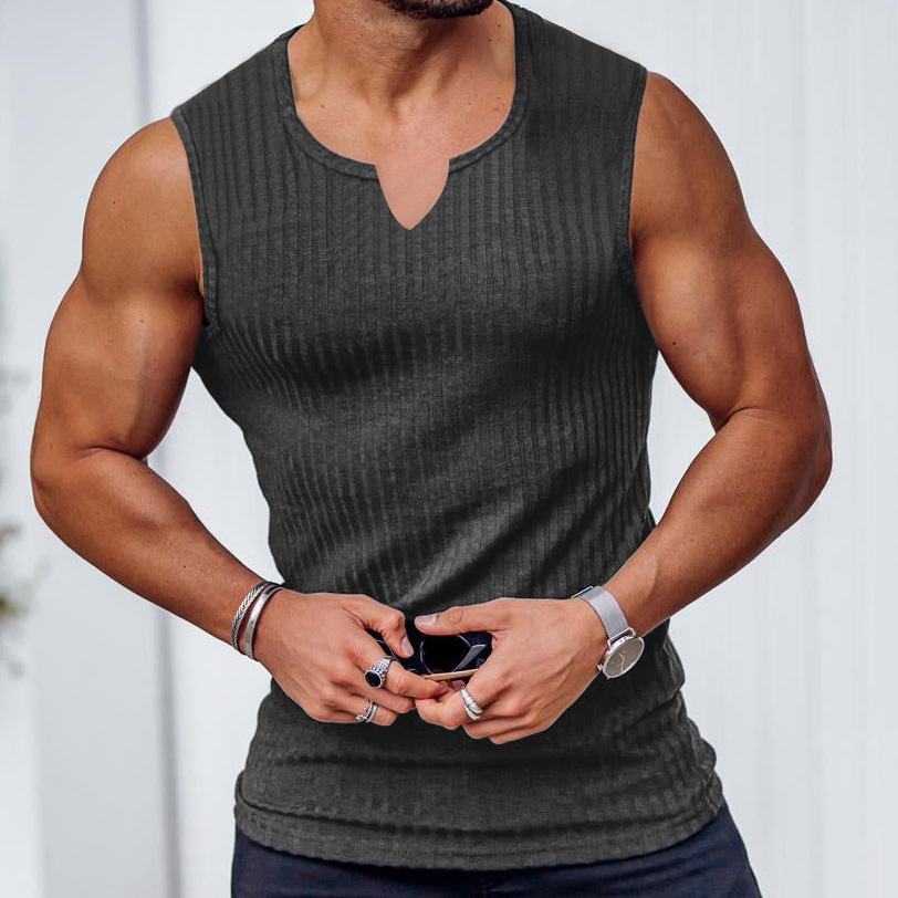 Cross-border Foreign Trade Summer Knitted Vertical Stripe Fitness Sports Slim Vest Men's I-shaped V-neck Wide Shoulder Vest