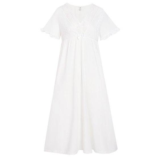 Short-sleeved nightdress women's cotton retro court style elegant lace princess Pajamas Soft V-neck outerwear home wear summer