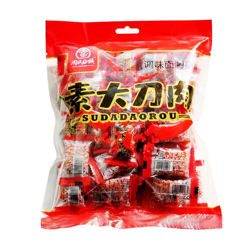 Zhou's e-family vegetarian knife meat 228g spicy leisure food Vegetarian Vegetarian meat gluten nostalgic snack spicy strip wholesale