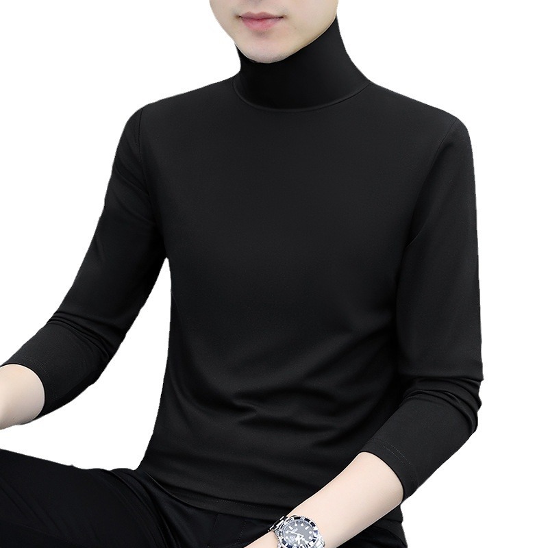 Autumn and winter fleece-lined thick solid color long sleeve T-shirt men's high collar men's base shirt warm men's clothing manufacturers