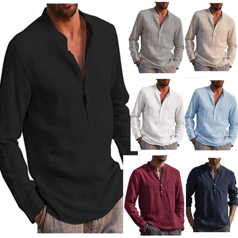 2024 AliExpress wish Amazon Hot Selling Men's Long Sleeve V-Neck Casual Beach Linen Shirt Men's Wear