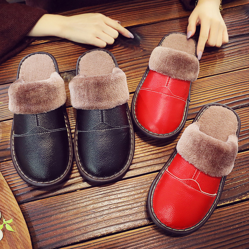 Haining cowhide slippers household wool wool wool and wool autumn winter warm home indoor couple leather cotton slippers winter