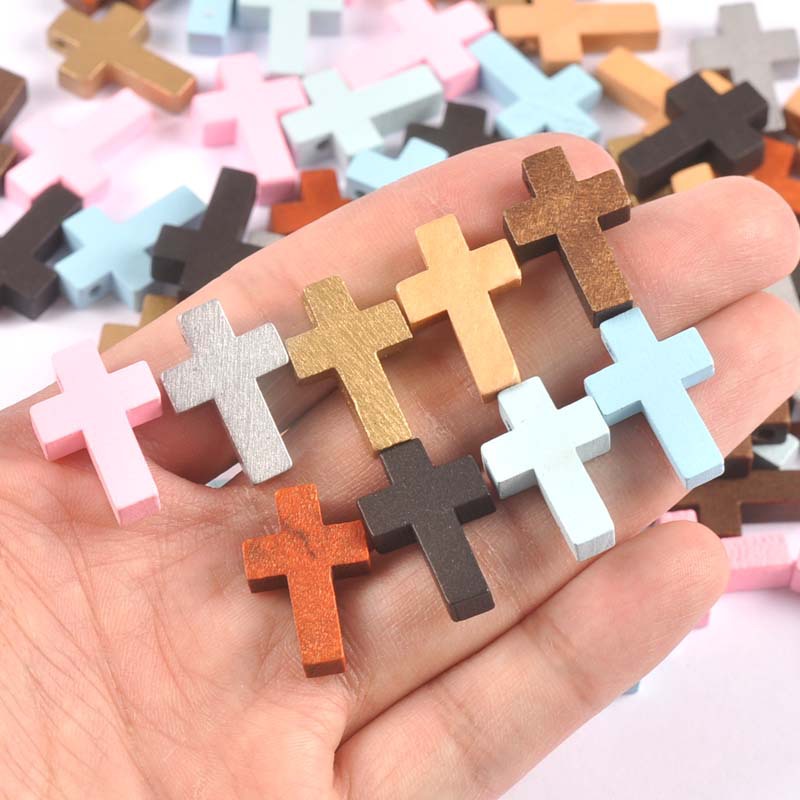 Solid color Christmas perforated cross pendant charm wooden loose beads bracelet necklace jewelry accessories 50 pcs/pack