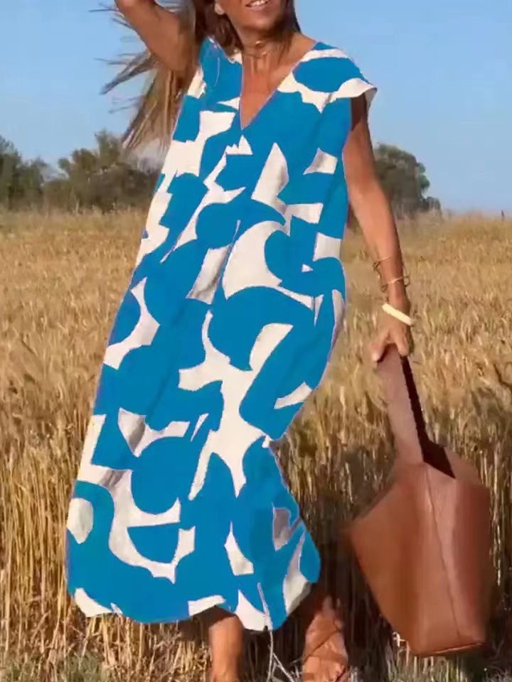 Elegant and ladylike V-neck loose-waist dress for 2024, summer fashion new versatile long dress, European style 