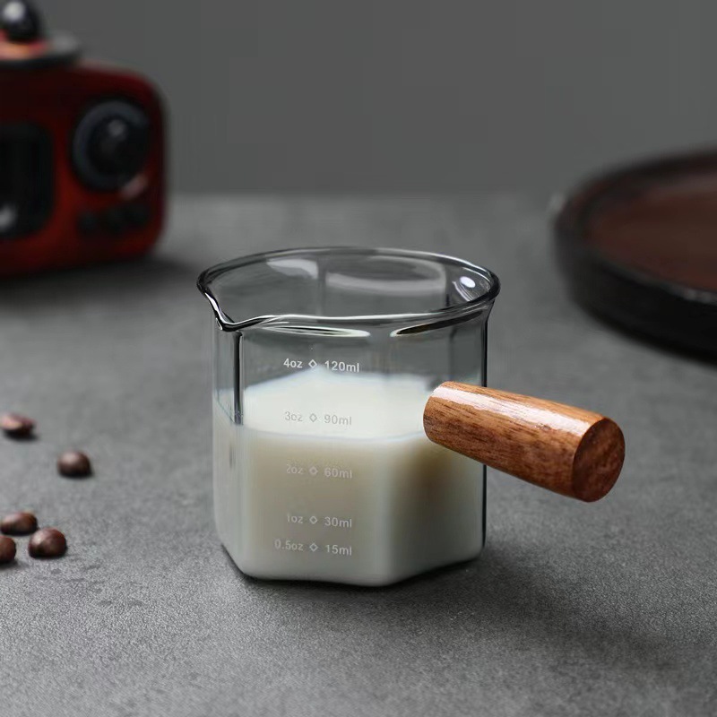 Borosilicate Coffee Cup Glass with Scale Espresso Extract Measuring Cup Wooden Handle Milk Cup Milk Pot Ankle Cup