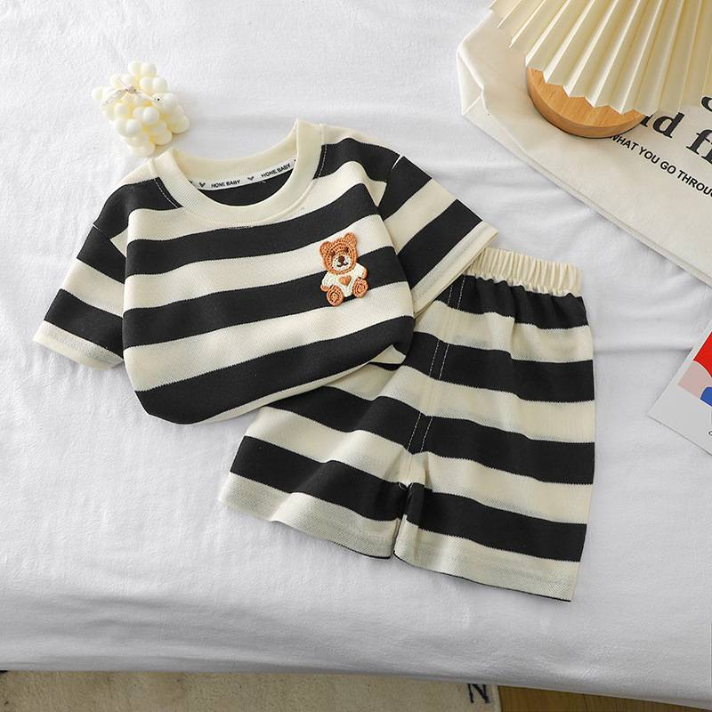 2023 New Children's Short-sleeved Set Striped Girls' T-shirt Summer Baby Baby Clothes Korean Style Children's Clothing