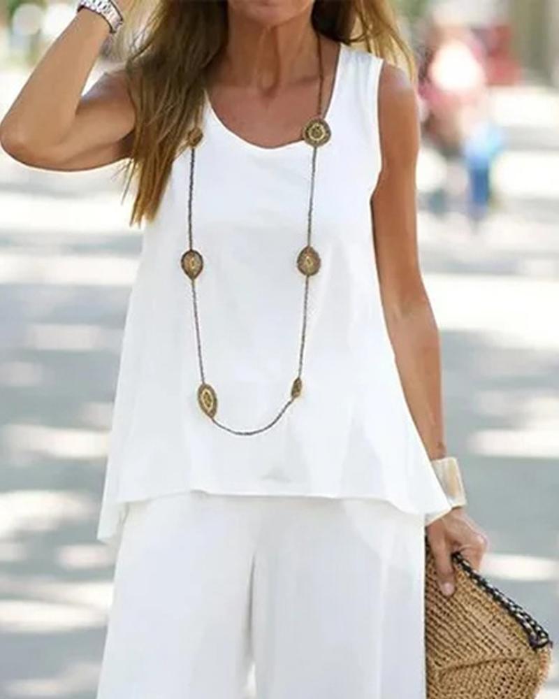 2023 Cross-border Foreign Trade Europe and America Summer Casual Women's Printed Sleeveless Top Elastic High Waist Pants Two-piece Suit_voghion.com