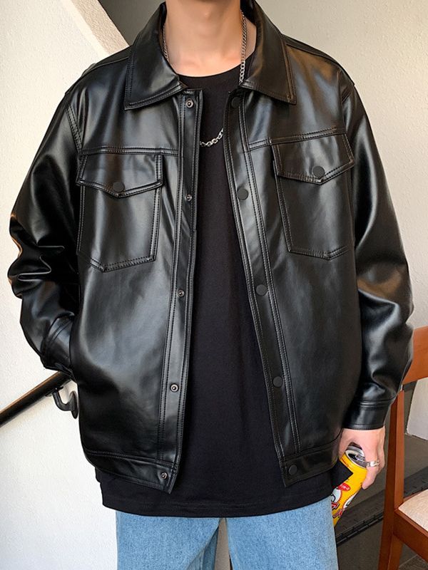 Leather Men's Coat Spring and Autumn PU Leather Jacket Flying Bike Suit Loose plus size Casual Trendy Brand Pluton Handsome Top