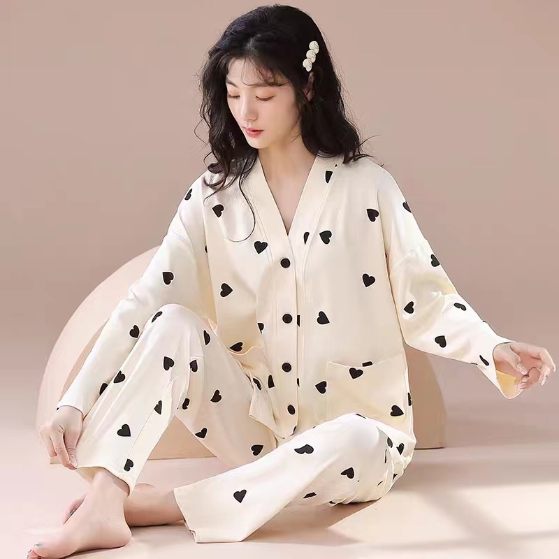 Pajamas Women's Spring and Autumn Cotton Thin Long Sleeve Outwear Autumn and Winter Cardigan Pajamas Women's Home Clothes Suit