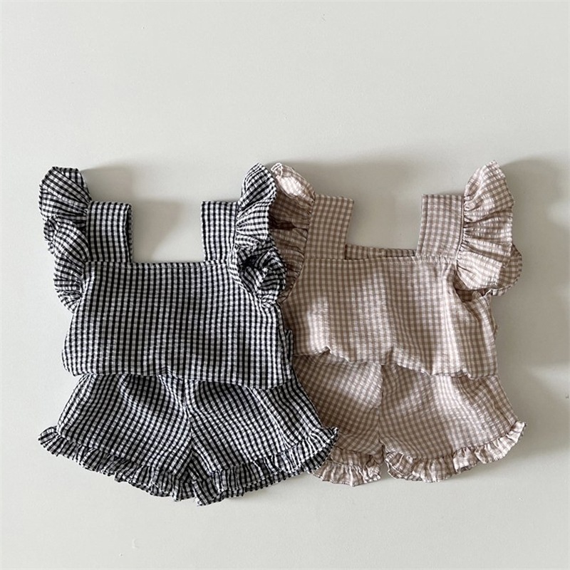 Summer Baby Girl Ruffled Sleeveless Vest Shirt Shorts Two Piece Set Small Children Children's Plaid Suit Korean 