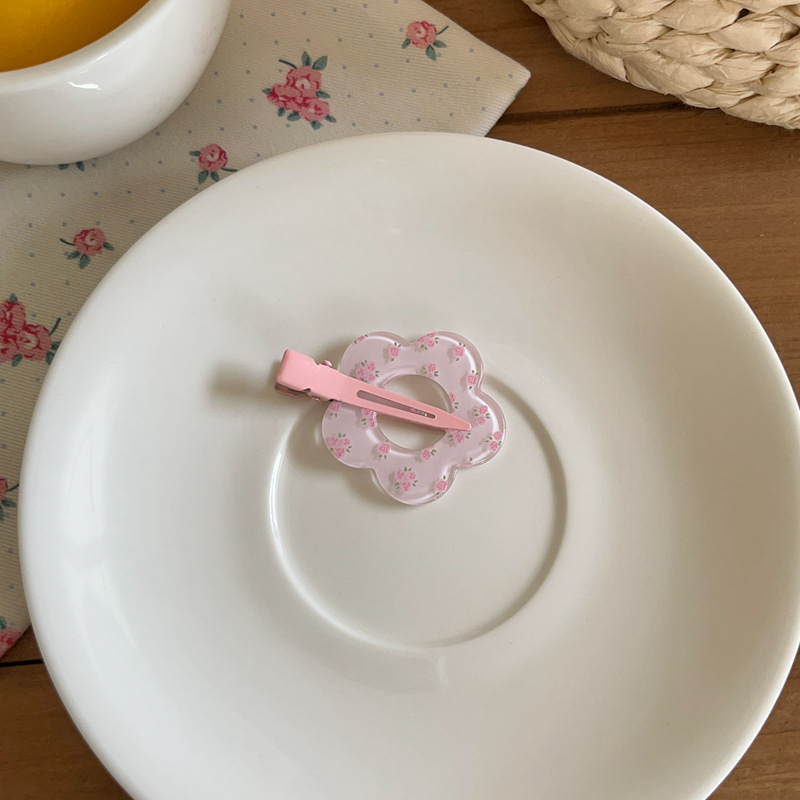 Forcina per capelli con motivo floreale a pois a quadri ritagliati, a forma di cuore, versatile, con fiore, per il trucco, con clip a becco d'anatra, con frangia spezzata_voghion.com