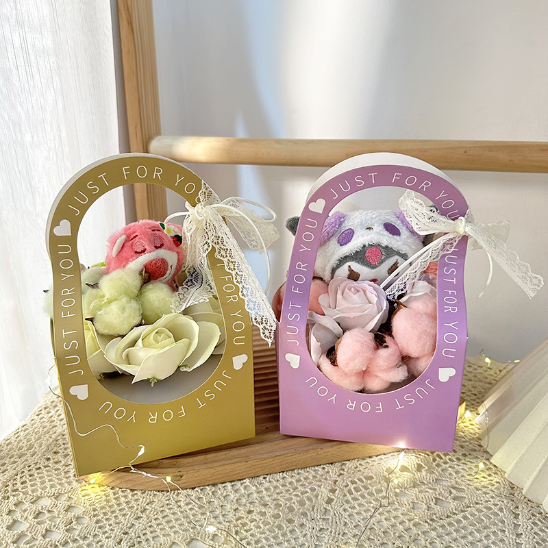 New Cartoon Plush Doll Flower Basket Creative Tanabata Valentine's Day Gift Cute Simulation Rose Bouquet Wholesale