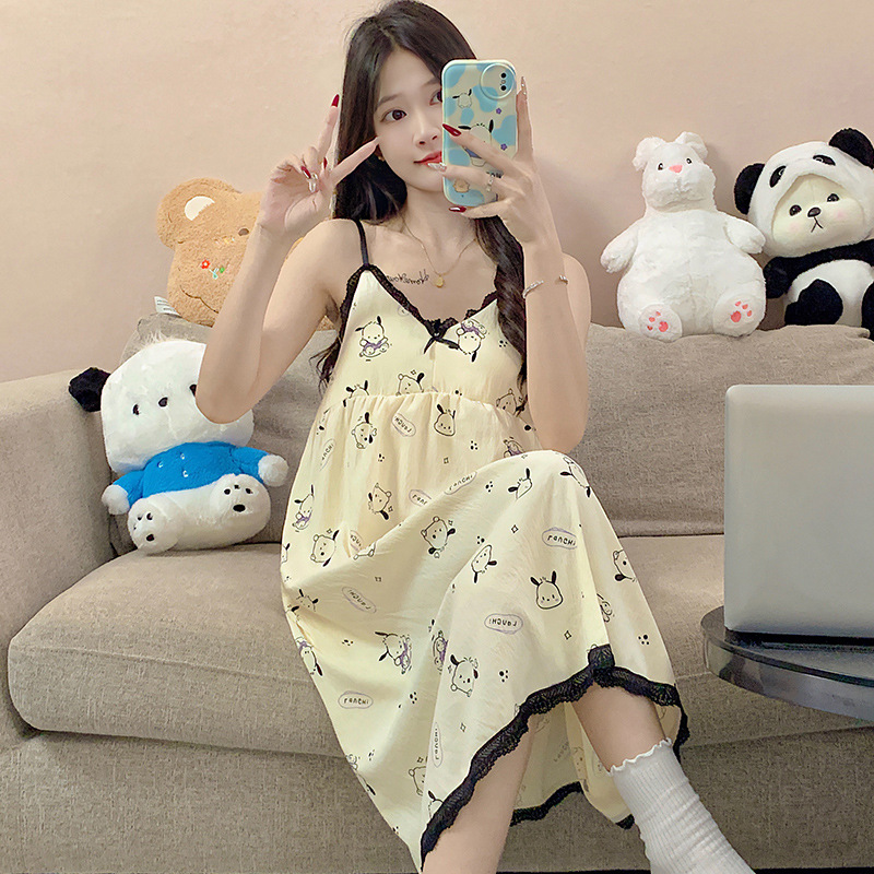 Summer Nightgown Women's Day Silk Cool Cotton Cute Sweet Sling with Chest Pad Mid-length Nightgown Loose Thin Home Clothes