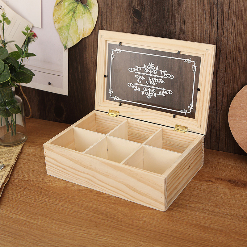 Wood solid wood six grid six grid 6 grid rectangular acrylic multi grid small wooden box desktop organizing storage box