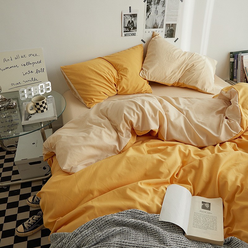 Ins Style Solid Color Double Wash Cotton Bed Four-piece Set Student Dormitory Bed Sheet Quilt Cover Bed Hat Three 3-piece Set