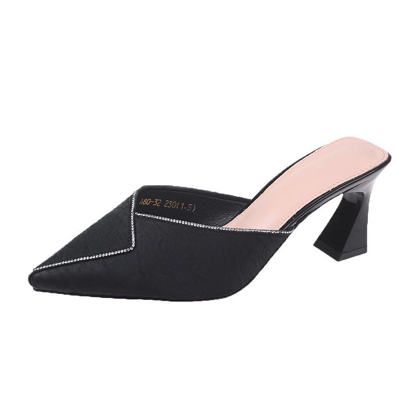 Baotou Half Slippers Women's Outer Wear 2024 Summer New Style Out-of-the-way Fairy Style Rhinestone Pointed Thick Heel High Heel Sandals