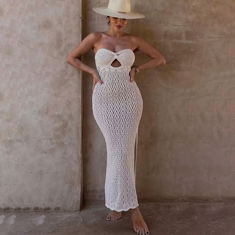 2023 Summer new blogger chest tube top open mesh hollow knitted elastic hip-wrapped hot girl dress