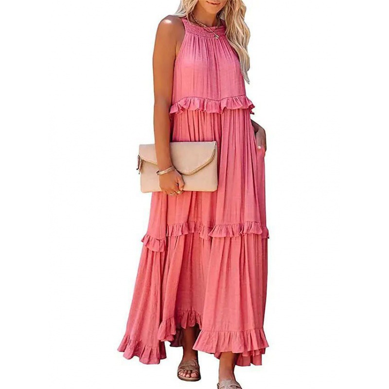 European and American 2023 Summer new holiday style ruffled long dress Amazon large swing elegant dress women