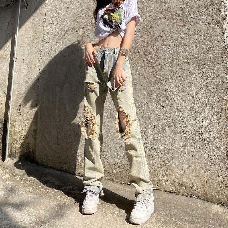 Vintage Spice Girl Distressed Ripped Jeans Women's Summer New American Style Design Sense High Street Distinctive Straight Pants