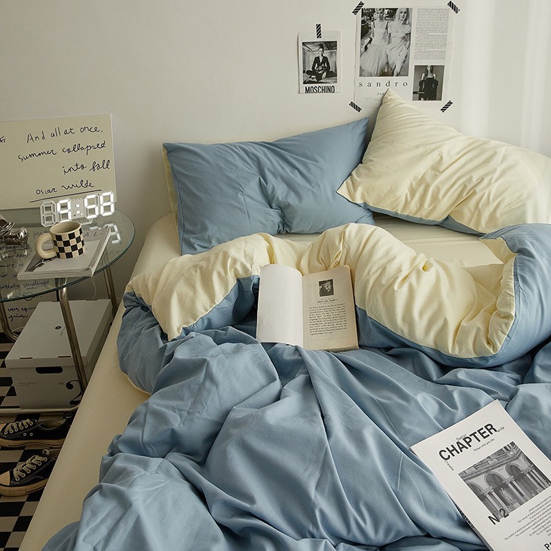 Ins Style Solid Color Double Wash Cotton Bed Four-piece Set Student Dormitory Bed Sheet Quilt Cover Bed Hat Three 3-piece Set