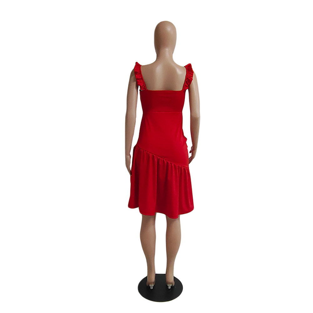 DY6949 Amazon European and American women's independent stand solid color sexy irregular ruffled slim dress dress
