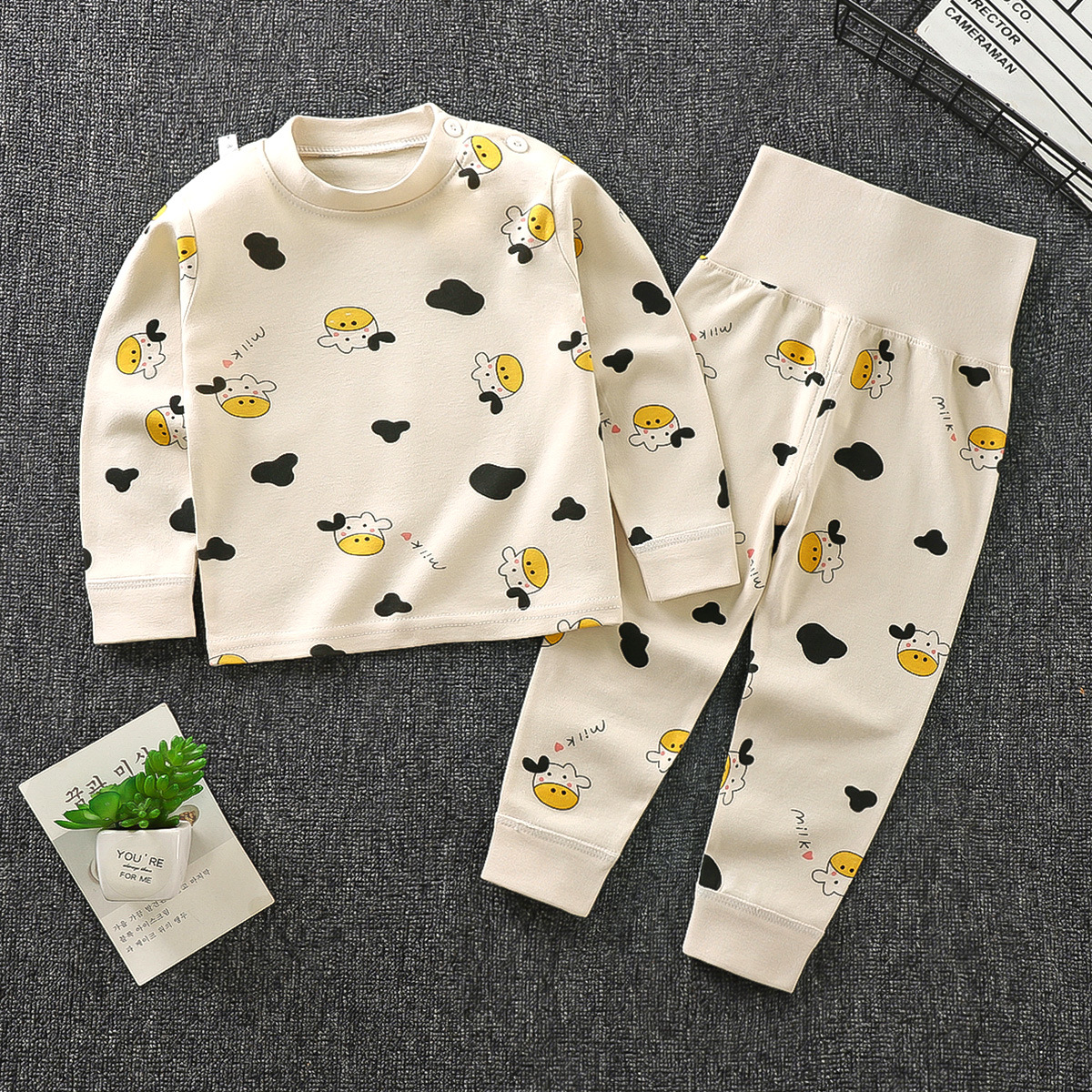 Baby's Autumn Clothes and Trousers Set Pure Cotton Baby Clothes Spring and Autumn Long Sleeve Underwear High Waist Belly Protection for Boys and Girls and Children Split