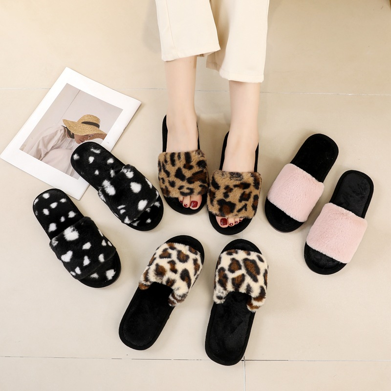 Fairy style leopard print plush slippers for women 2023 autumn new plush air-conditioned room lazy one-word cotton slippers