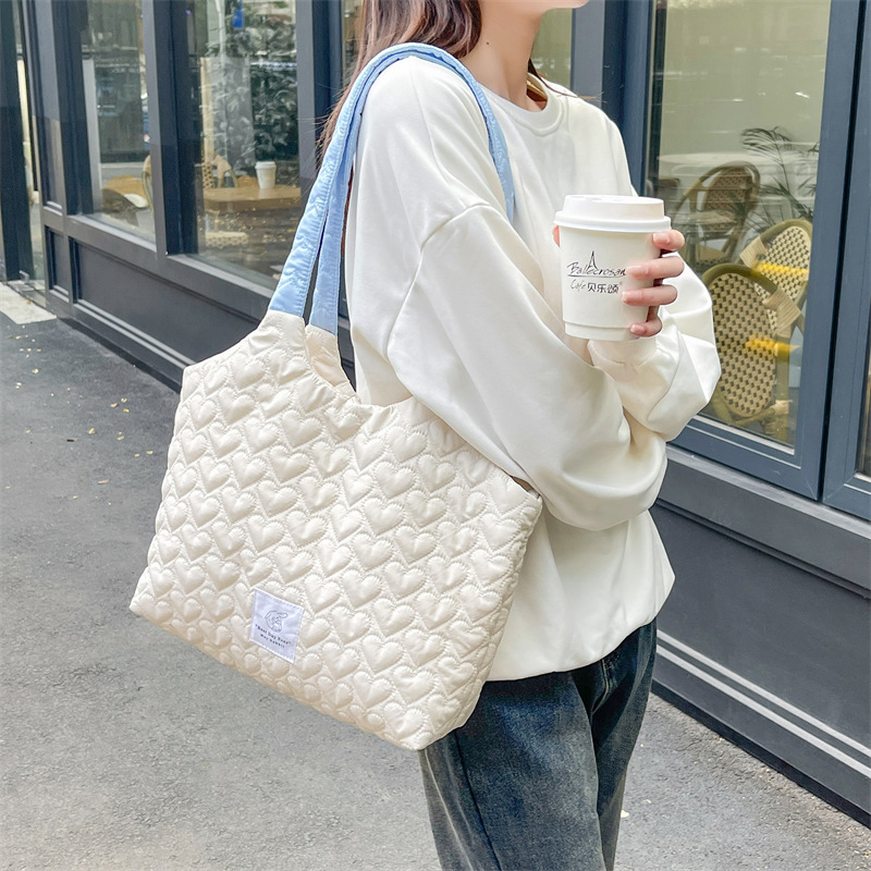 MAY RABBIT love quilted shoulder bag large capacity canvas bag contrast color underarm bag student school bag cloth bag