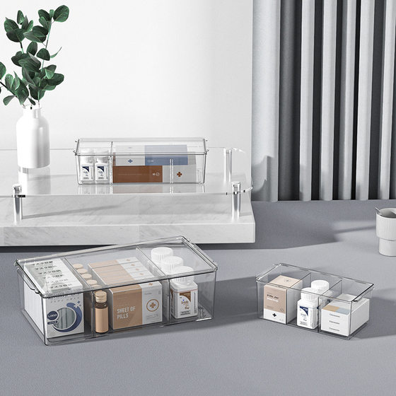 Overflow purchase three-compartment large-capacity storage box simple transparent PET desktop detachable medicine box finishing box