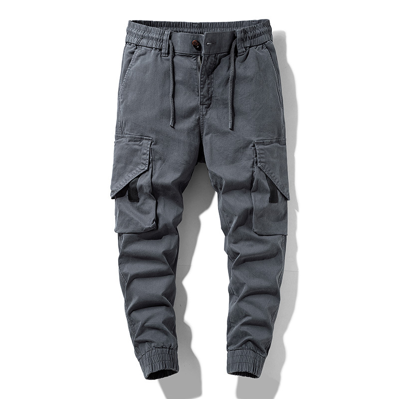 Cross-border casual pants men's spring and autumn cotton loose straight multi-pocket overalls men's trousers youth ankle-tied pants men