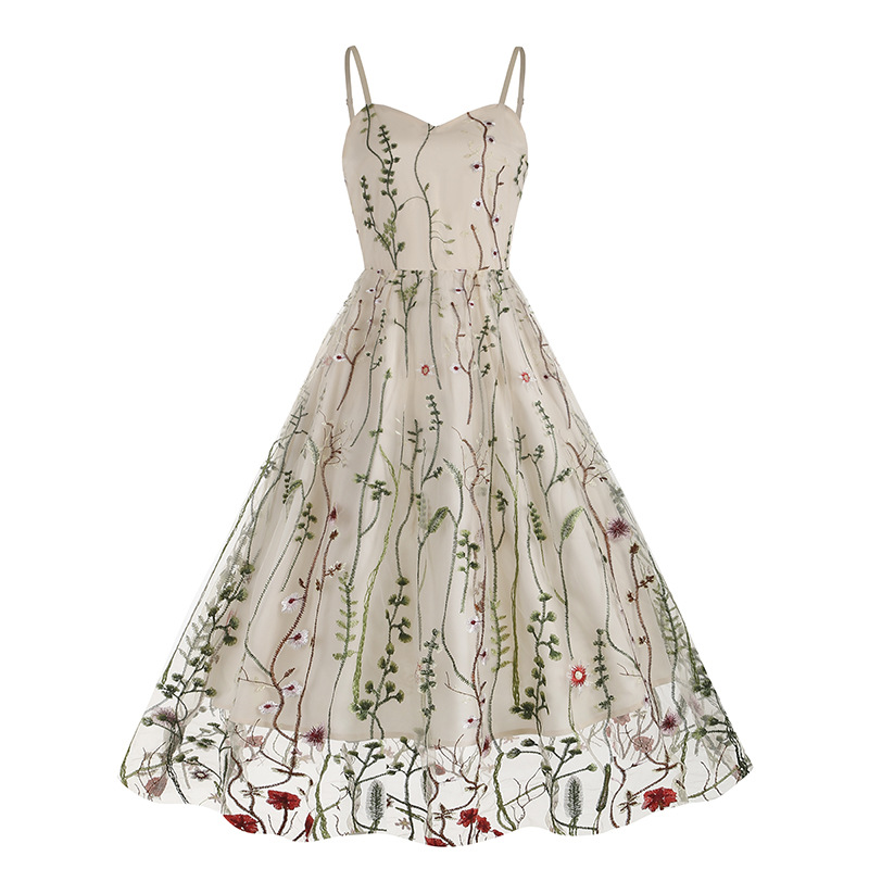 Amazon dress Europe and the United States cross-border strap embroidery mesh stitching explosions retro 50s Europe and the United States dress