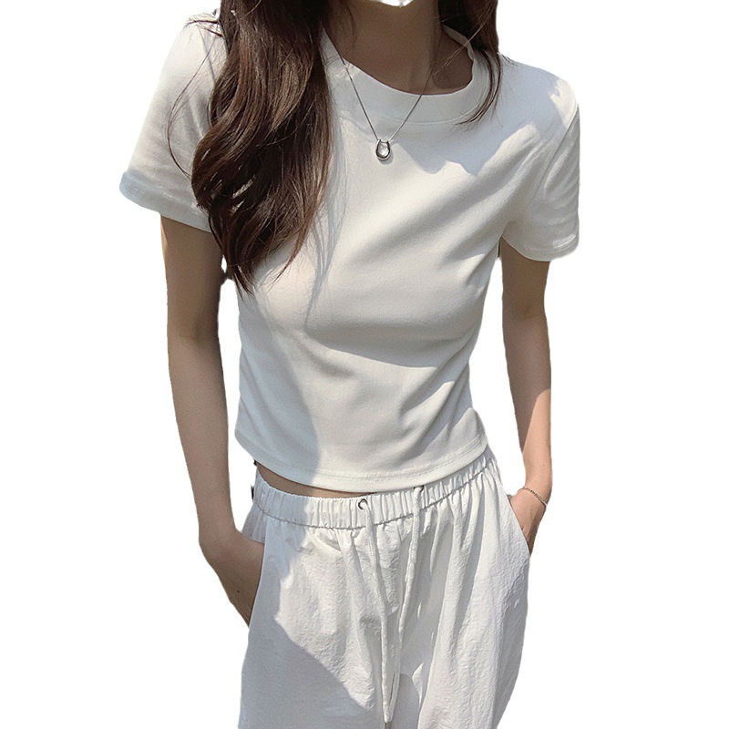 White Shoulder Short-sleeved T-shirt Women's Summer Pure Cotton Slim-fit Slimming All-match Short T-shirt Basic Base Top