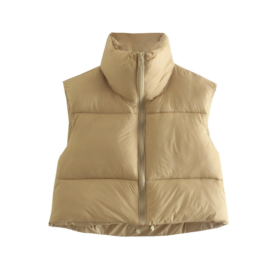 Gilet en coton de style européen et américain pour femme, gilet d'hiver à col montant en coton épais sans manches, gilet en pain pour femme_voghion.com