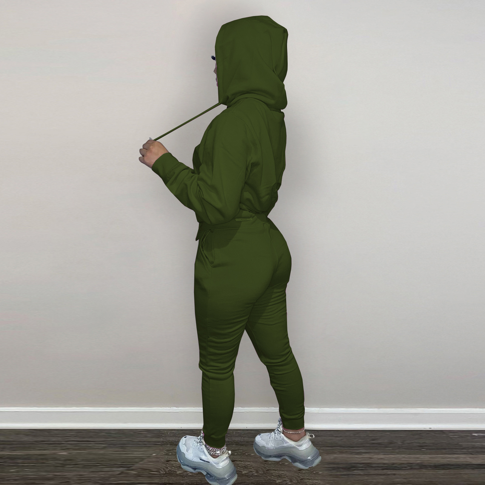 HR8197 European and American women's clothing  independent station supply autumn and winter plus velvet drawstring hooded two-piece set_voghion.com