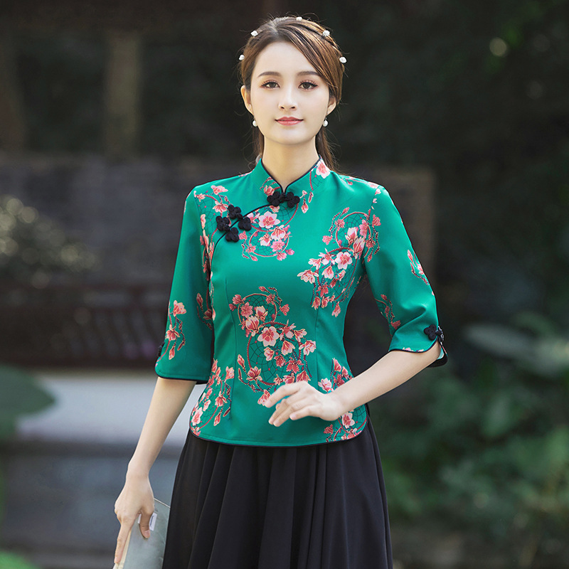 Spring and Summer New Tang Suit Retro Improved Cheongsam Suit Chinese Hanfu Ethnic Chinese Style Top Women's Performance Costume