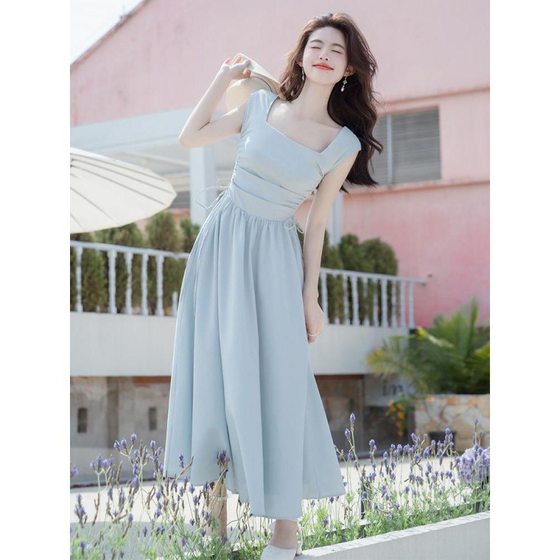 Vintage Minute Style Women's Square Collar French Dress Long High Waist Slimming Skirt Women's Summer Long Dress Summer 2024