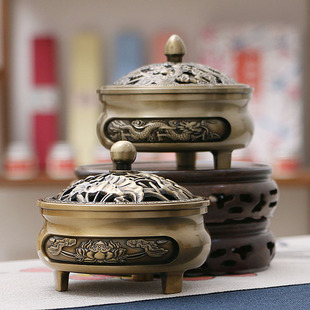 Large Antique Copper Incense Stove Household Zen Sinking Sandalwood Stove Three-legged Incense Stove Chinese Style Dragon and Phoenix Incense Stove Mosquito Incense Stove