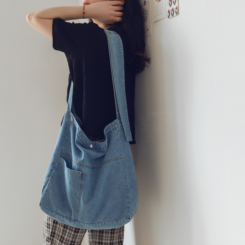 Washed Denim Bag Large Capacity Crossbody Bag Student Class Bag Women's Japanese Canvas Bag Korean Style Simple Shoulder Bag