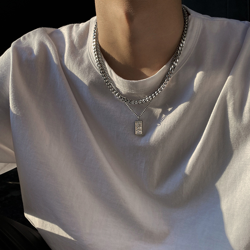 European and American Retro Titanium Steel Pendant Cuban Chain Men's Trendy Niche Design Sense Double Layer Hip Hop Necklace Sweater Chain Accessories