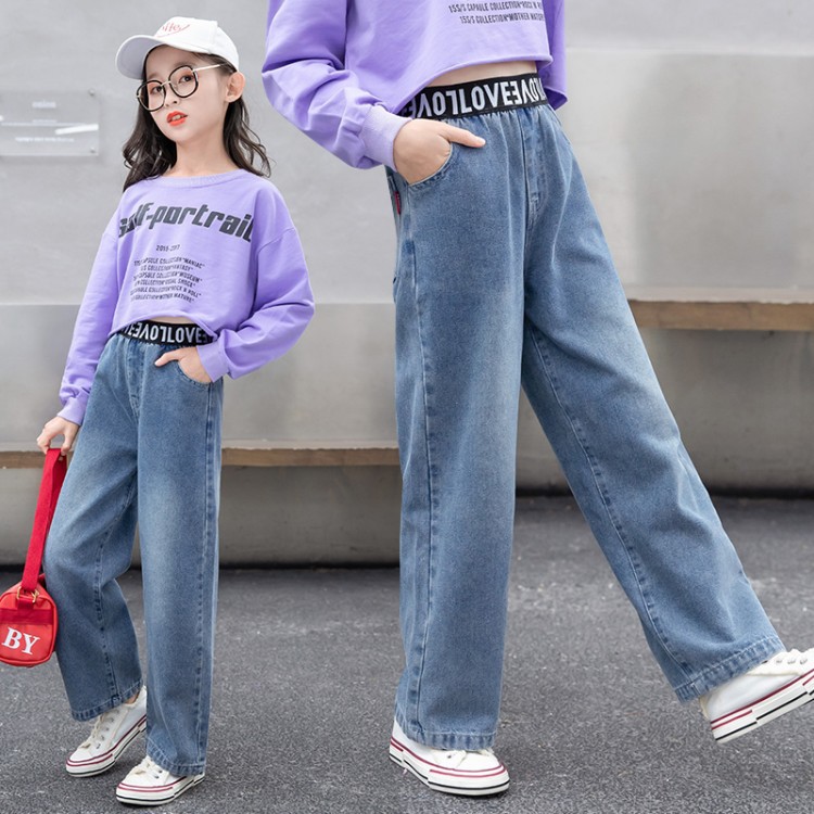 Girls' Jeans Large Children's Loose Western Style Children's Pants 2022 Autumn and Winter Children's Fleece-Lined Wide-Leg Pants Korean Style Children's Fashion