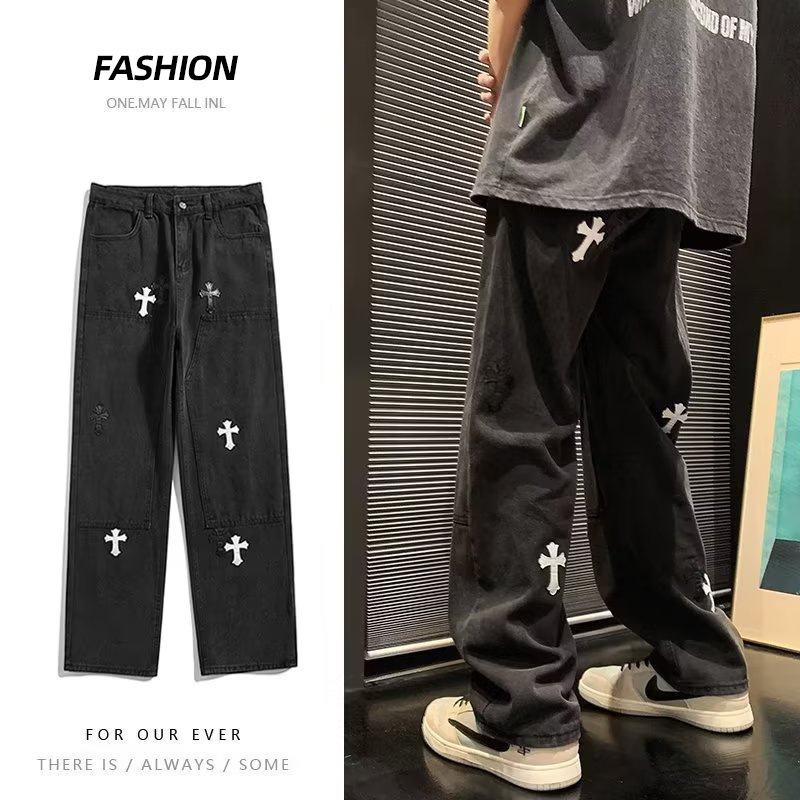 Jeans men's Hong Kong style ins Tide brand wide leg casual pants men's pendant sense straight pants men's pants spot wholesale