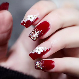 Three-dimensional Camellia Hand-worn Armor Short Wine Red False Nail Patch Glitter Jelly Gel Nail Nails