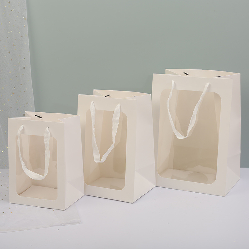 ins Style Flower Gift Packaging Bag Transparent Window Handbag Valentine's Day Window Paper Bag Hand Gift Bag